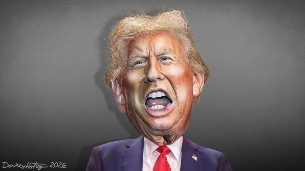 Caricature of President Trump yelling about the war powers resolution
