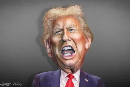 Caricature of President Trump yelling about the war powers resolution
