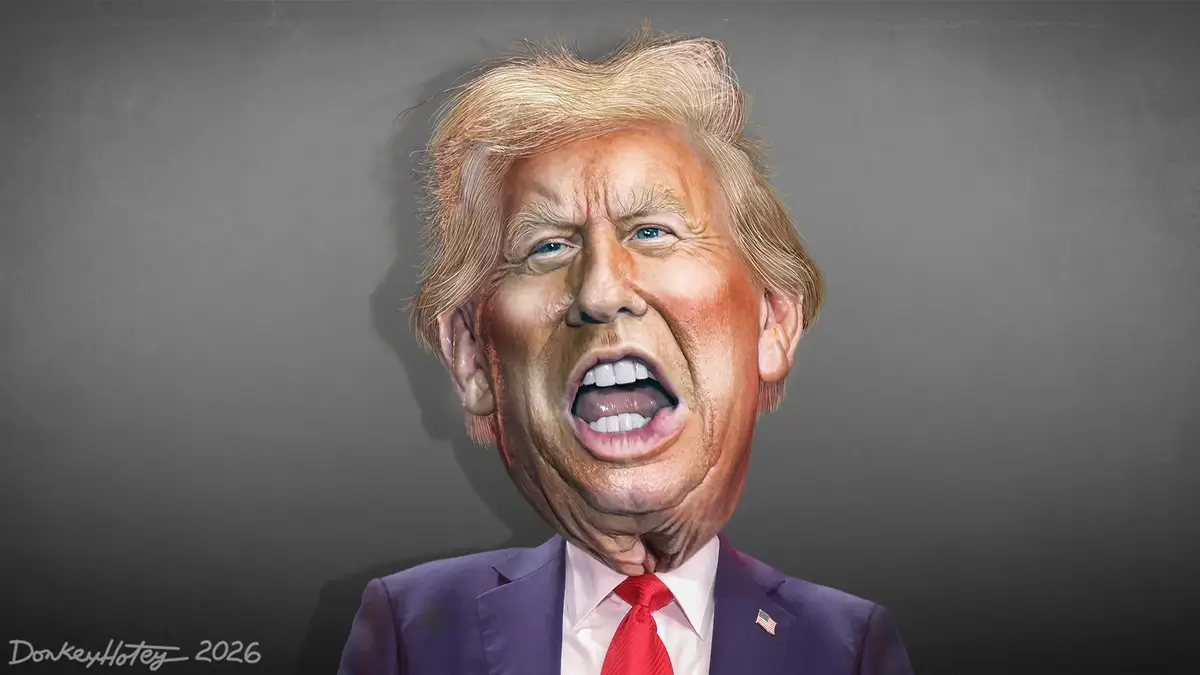 Caricature of President Trump yelling about the war powers resolution