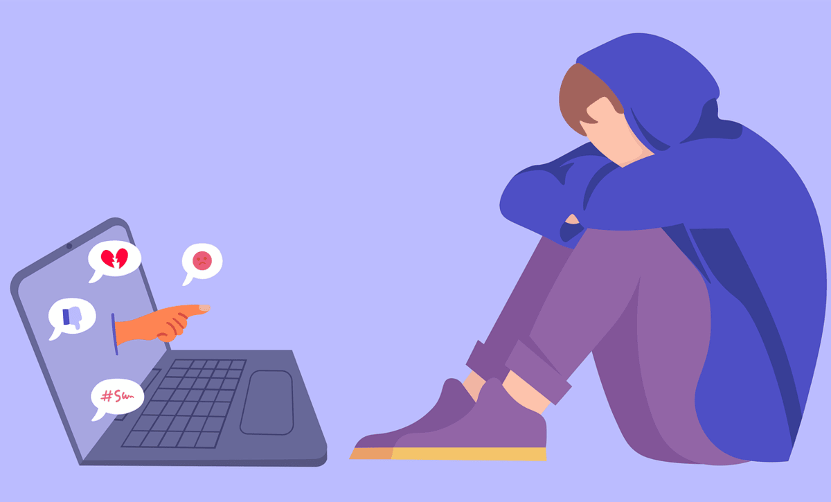 Teen in a purple hoodie sitting in front of a laptop, knees drawn in, with cyberbullying signs from the laptop. Pro-Israel groups