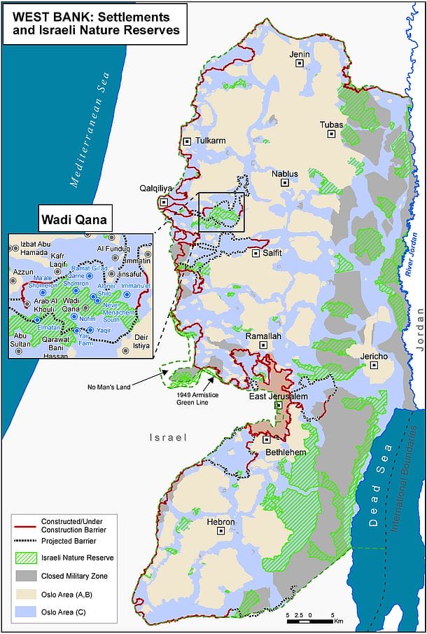 Map showing illegal Israeli settlements in the West Bank