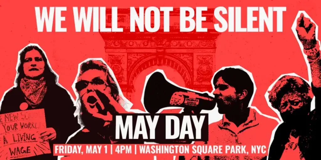 Promotional graphic for the May Day protest in New York City