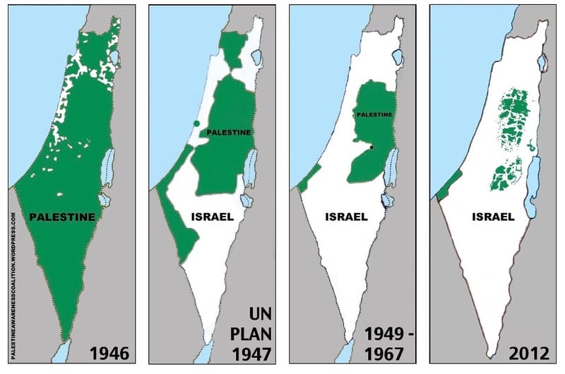 Map of Palestine showing land taken by Israel over time