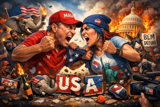 Voter fraud in the 2020 election.AI-generated image of a man from MAGA and a woman on the Left getting ready to fight with the American flag and Capitol in the background.