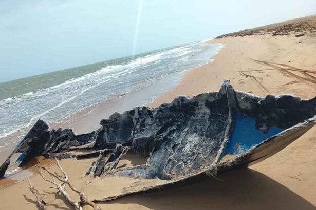 The remains of a boat allegedly struck in the US military boat strikes in the Alta Guajira region of Colombia.