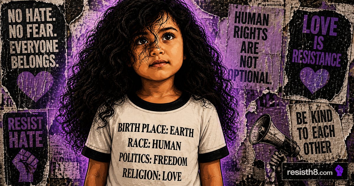 Little girl with dark, curly hair wearing a progressive, Resist Hate-themed t-shirt.