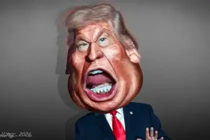 Caricature of Donald Trump screaming.