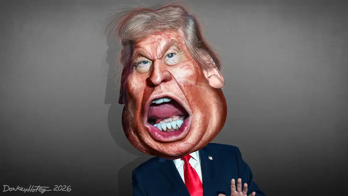 Caricature of Donald Trump screaming.