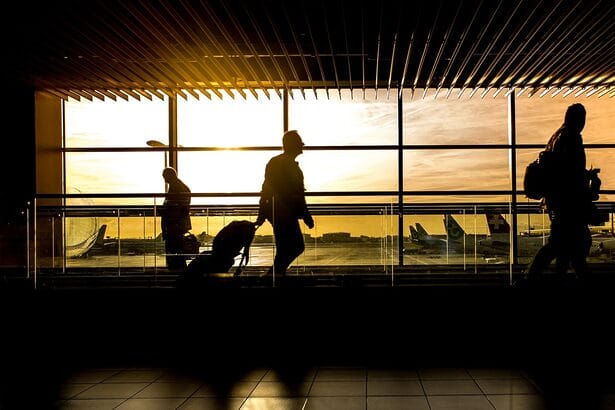 Airport scene at sunset International flights