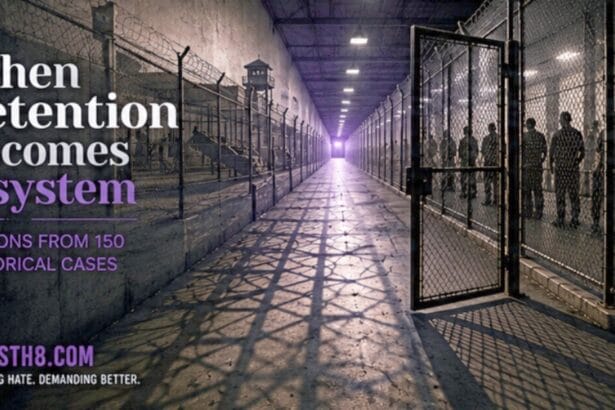 Graphic for study comparing ICE detention to concentration camp systems. A detention center fades into the ghostly memory of the past.