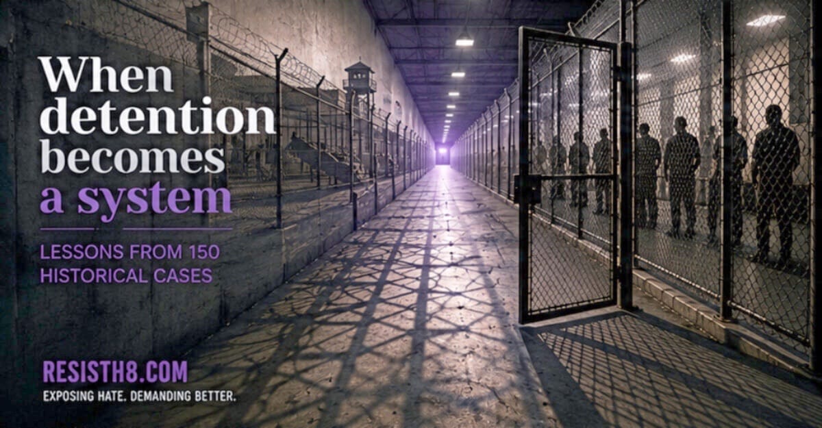 Graphic for study comparing ICE detention to concentration camp systems. A detention center fades into the ghostly memory of the past.