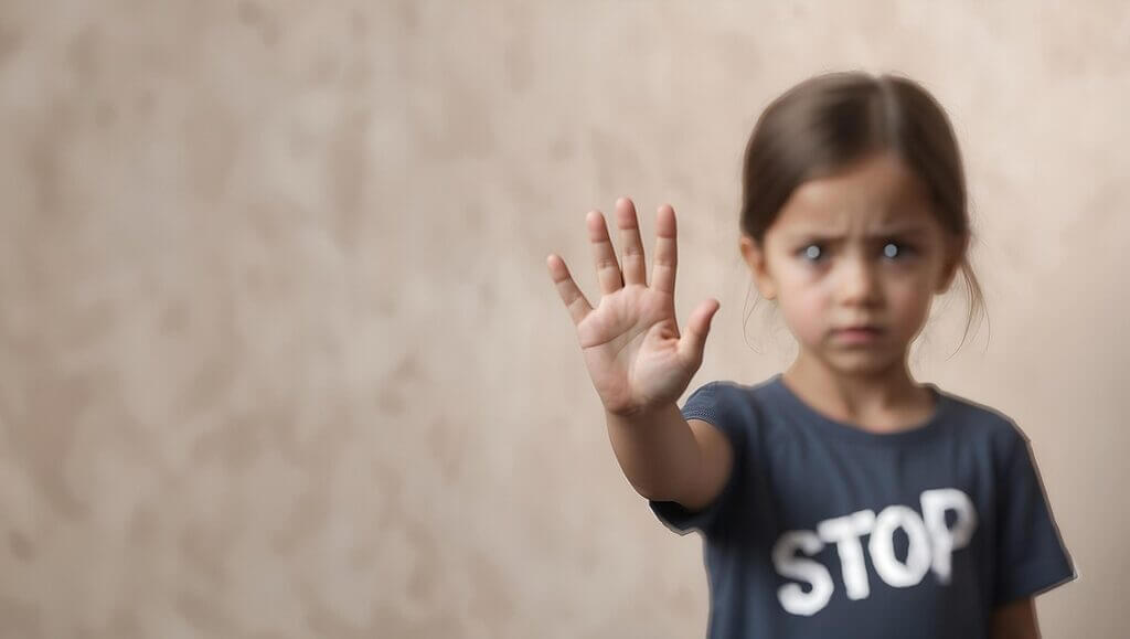 Little girl wearing a t-shirt that says STOP, hold up a hand to say stop pro-israel groups critics of Israel