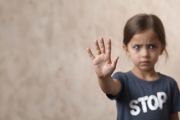 Little girl wearing a t-shirt that says STOP, hold up a hand to say stop pro-israel groups critics of Israel