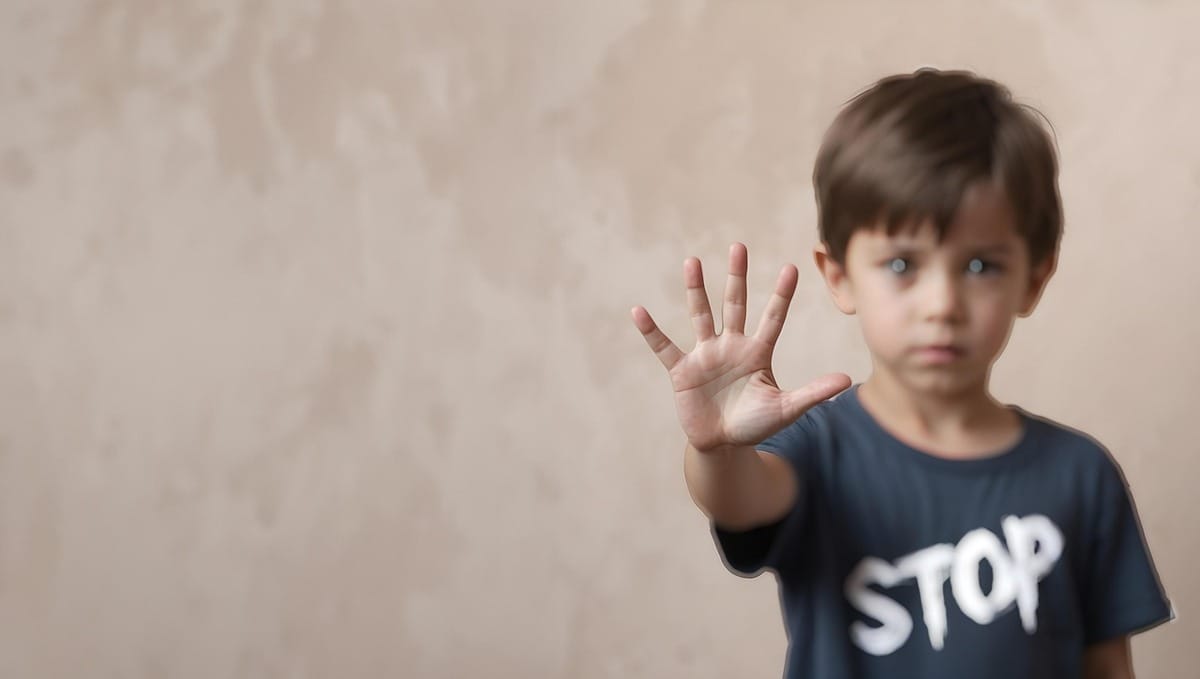 Little boy wearing a t-shirt that says STOP, hold up a hand to say stop harassing people for having humanity