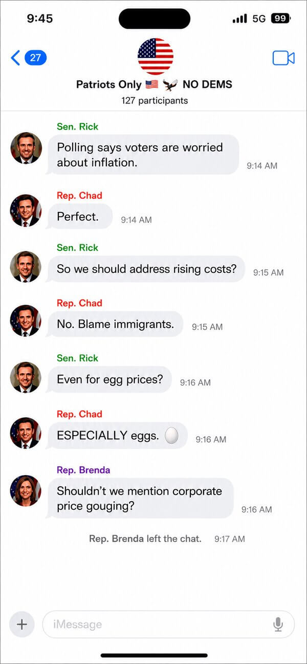fake iPhone with text messages from a fake GOP group chat