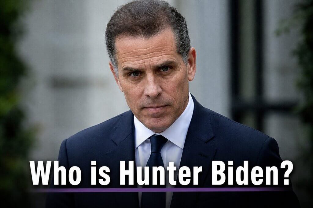 Who is Hunter Biden? text over an AI-generated photo of him.