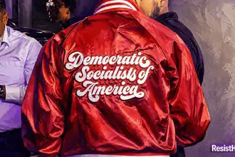 Red satin Democratic Socialists of America (DSA) jacket