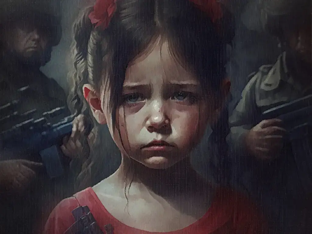 Scared girl with soldiers standing behind her