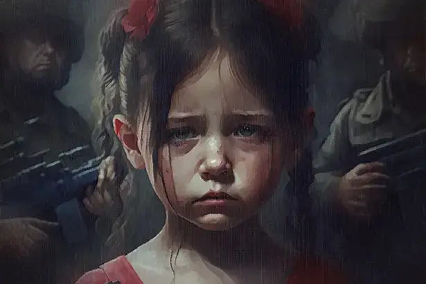 Scared girl with soldiers standing behind her