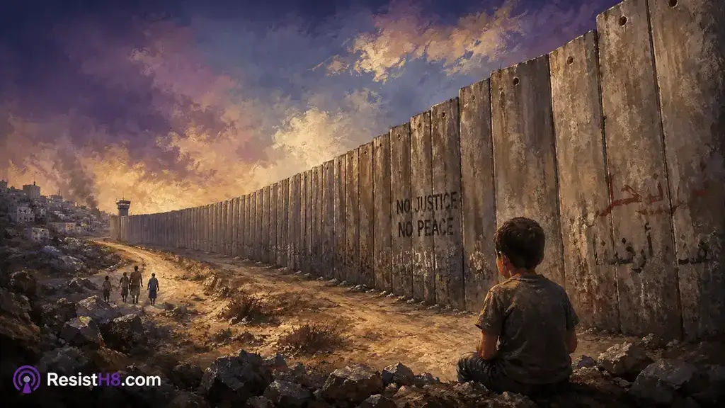 Artwork of a Palestinian child sitting by the barrier between the West Bank and Israel