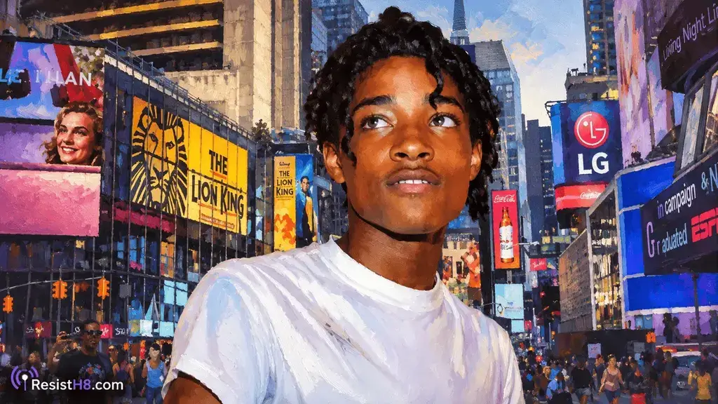 Jordan Neely portrait with New York City in the background.