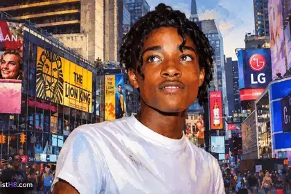 Jordan Neely portrait with New York City in the background.