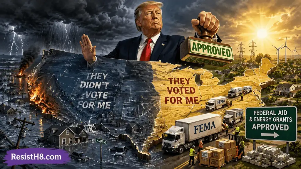 Trump is denying disaster aid relief to states that didn’t vote for him. The image shows him determining whether a state is worthy of aid.