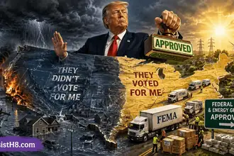 Trump is denying disaster aid relief to states that didn’t vote for him. The image shows him determining whether a state is worthy of aid.