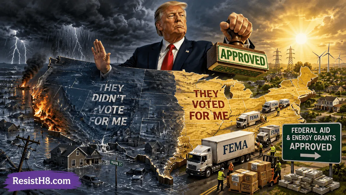 Trump is denying disaster aid relief to states that didn’t vote for him. The image shows him determining whether a state is worthy of aid.