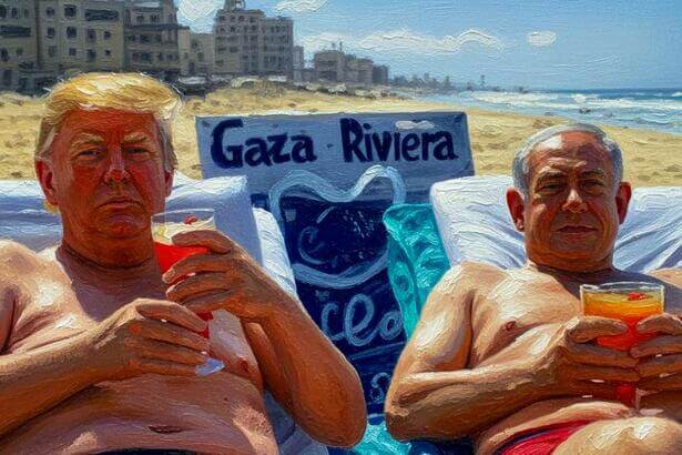 Image from the Trump Gaza video of Trump and Netanyahu lounging on the beach. The diplomatic tsunami doesn't include the U.S.