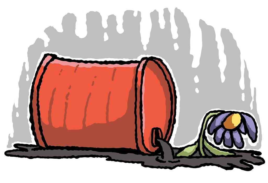 Drawing of a spilled oil barrel killing a flower