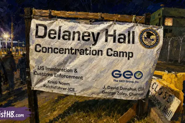 Banner in front of Delaney Hall. Delaney Hall detainee death