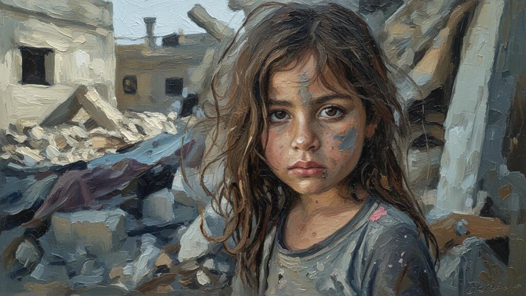 Little girl standing amid rubble of a bombed city.