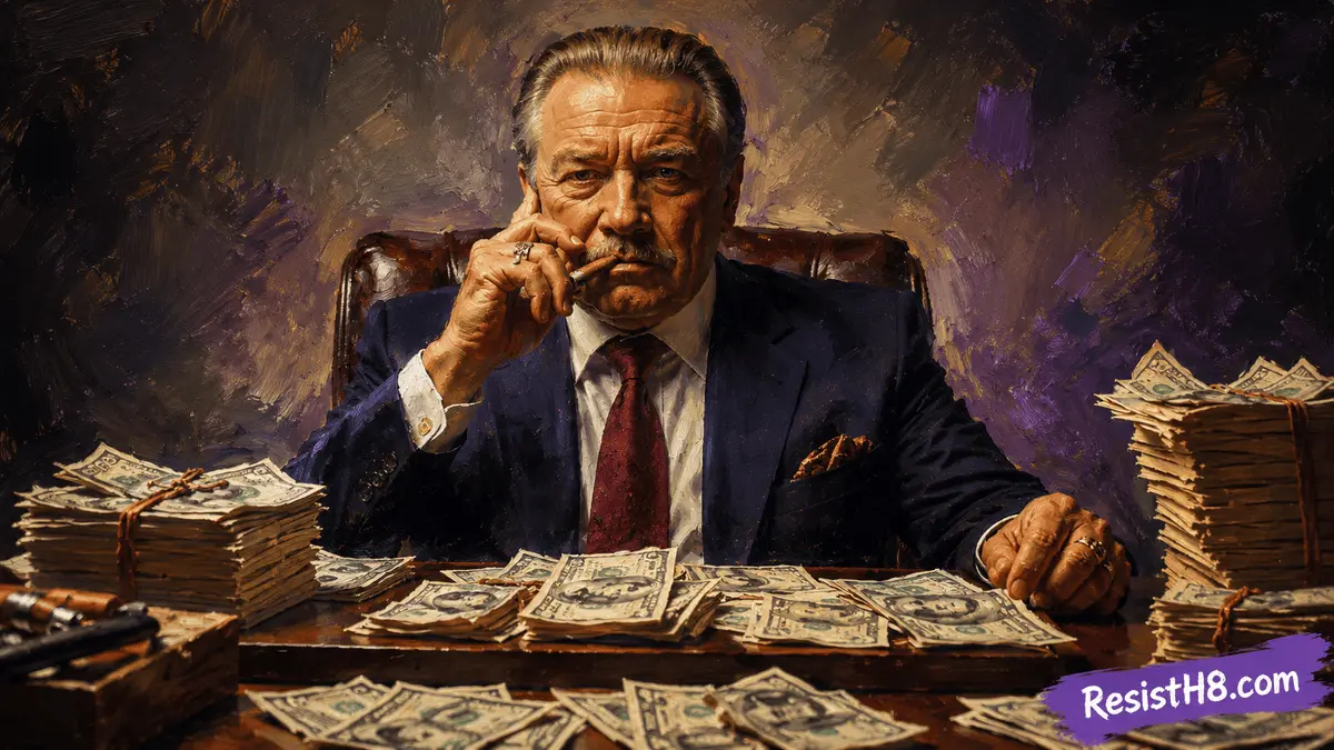 Get money out of politics. A rich politician counts his cash sitting at a desk