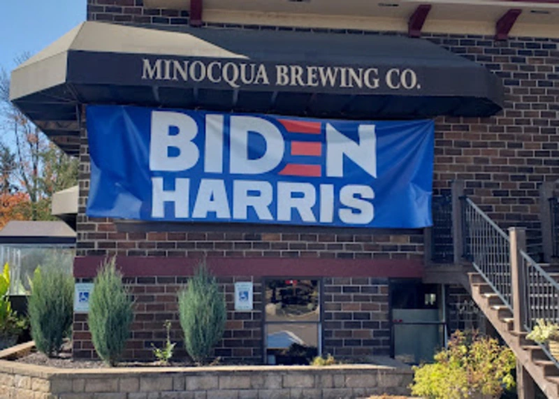 A Biden/Harris banner hanging outside the Minocqua Brewery in Wisconsin.
