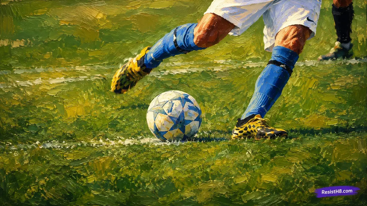 Soccer players on a soccer field kicking the ball