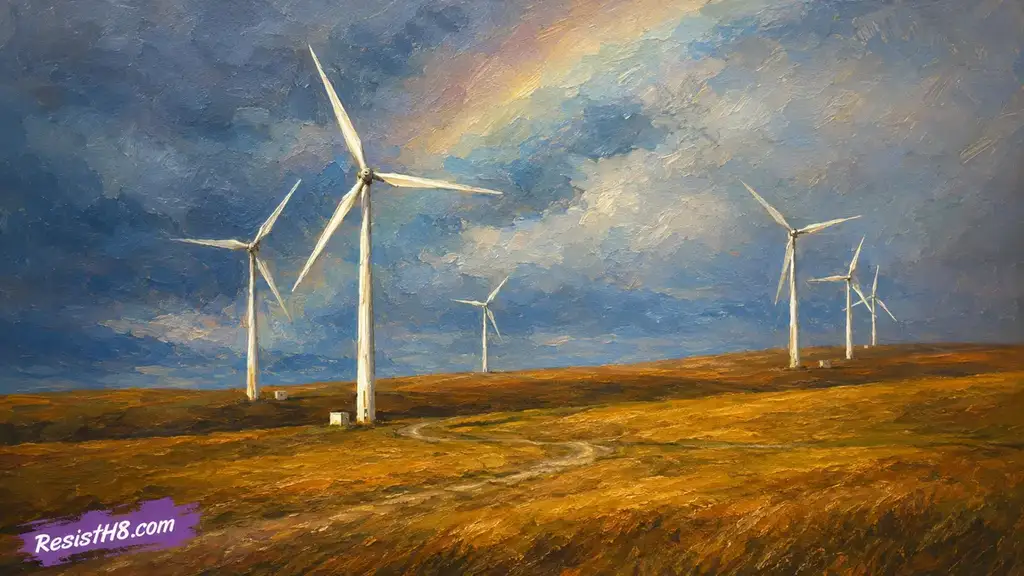 Windmills in a field with dark clouds and a rainbow in the sky. Loser countries have windmills