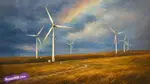 Windmills in a field with dark clouds and a rainbow in the sky. Loser countries have windmills