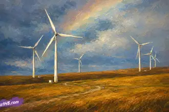 Windmills in a field with dark clouds and a rainbow in the sky. Loser countries have windmills