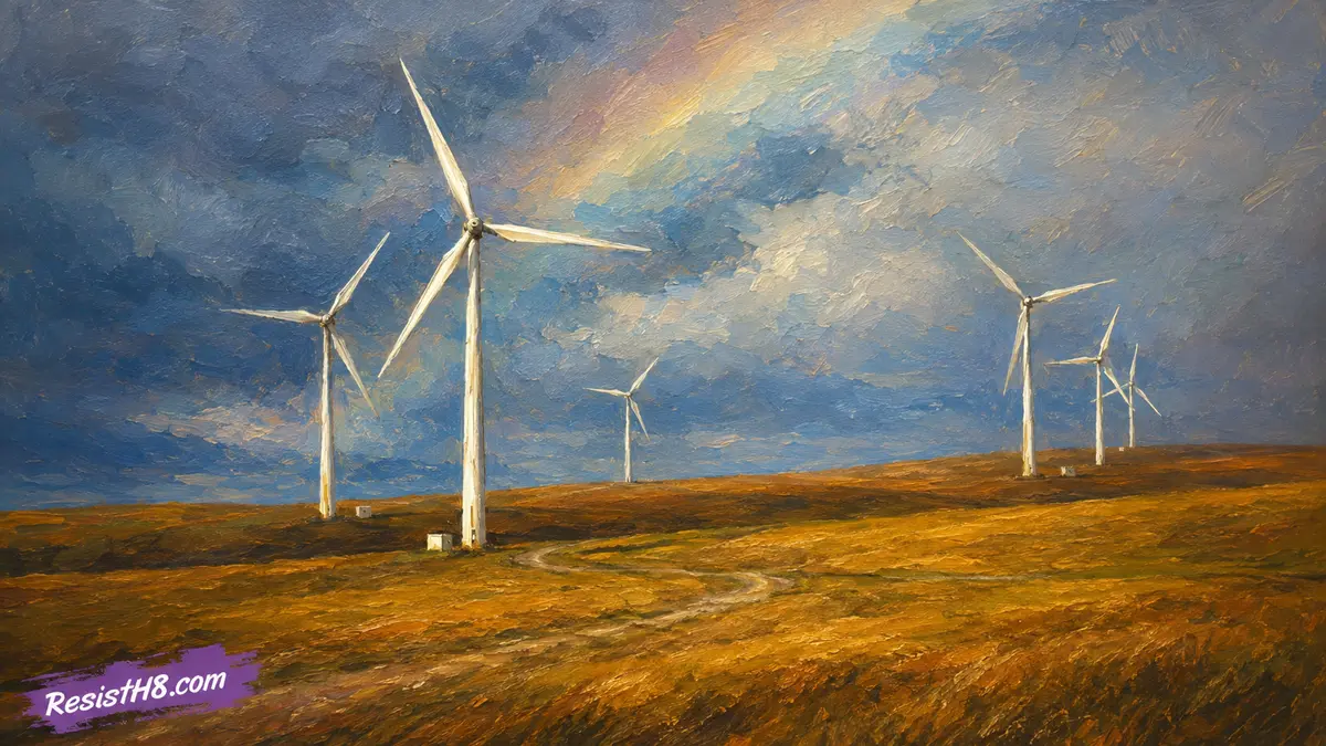 Windmills in a field with dark clouds and a rainbow in the sky. Loser countries have windmills